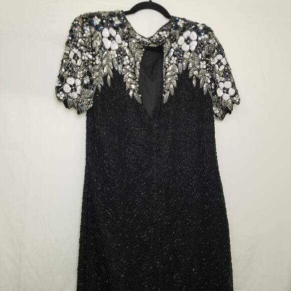 Holiday Party-Night Vogue Formal Black Silk Beaded Sequin Dress Knee Length Sz M - Picture 10 of 13